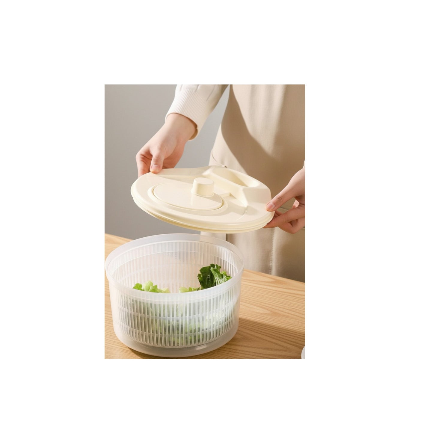 Centrifugadora de Salada Premium 3.8L | Secador de Legumes Rápido com Bico de Drenagem | Design Creamy White